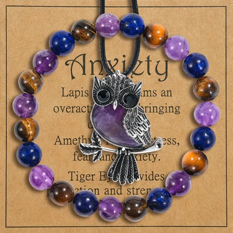 Adults' 3-Piece Bracelet Necklace Set - Amethyst Round Beaded Jewelry with Animal Owl Pendant, Arm Candy Accessories, Meaningful Gifts, Daily, Female, 3-Pieces, Beading, Exquisite Trendy Bracelet, Inspirational Beaded Jewelry, Daily Wear Necklace