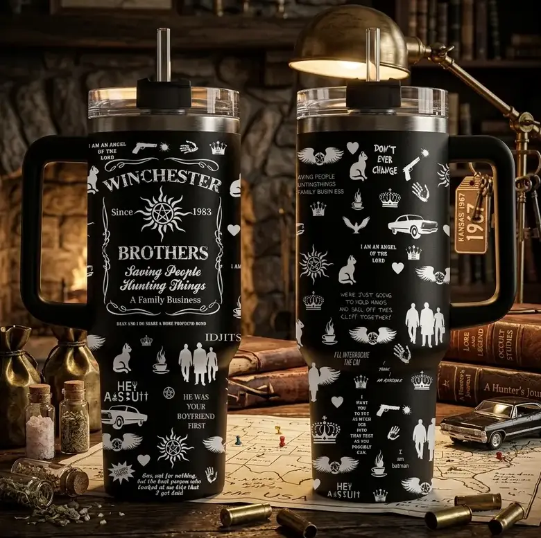 [Gift Box & Straw] Supernatural Winchester Brothers 20oz Skinny & 40oz Handle Tumbler, Saving People Hunting Things Stainless Steel Vacuum Insulated Coffee Cup, Hot & Cold Travel Mug, Halloween Fan Gift