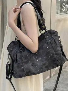 Vintage Sweet Cool Style Tote Bag for Women, Large Capacity Shoulder Bag, Versatile Casual Commute Crossbody Bag, Star Moon Rhinestone Design