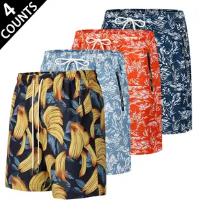 Men's 4 Pack Tropical Banana Print Quick Dry Board Shorts, Elastic Waist Drawstring Beach Shorts with Zipper Pockets, Lightweight Breathable Swim Trunks for Daily Casual, Beach Trip, Lounging & Outdoor Activities