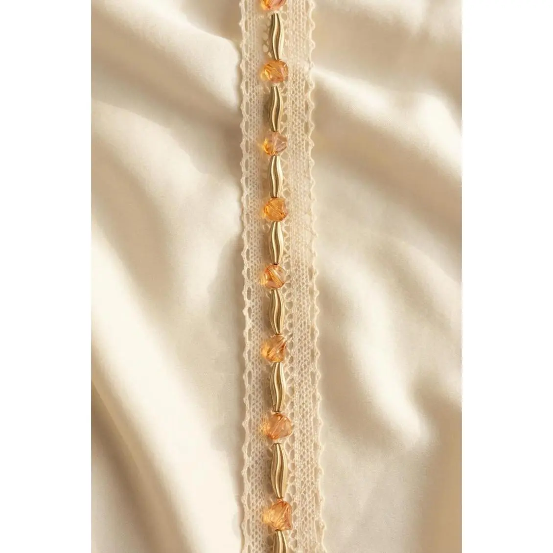Gold and Topaz Beaded Trim on Ivory cotton Lace with DIY Self Adhesive - Made in USA by Faraj Beading