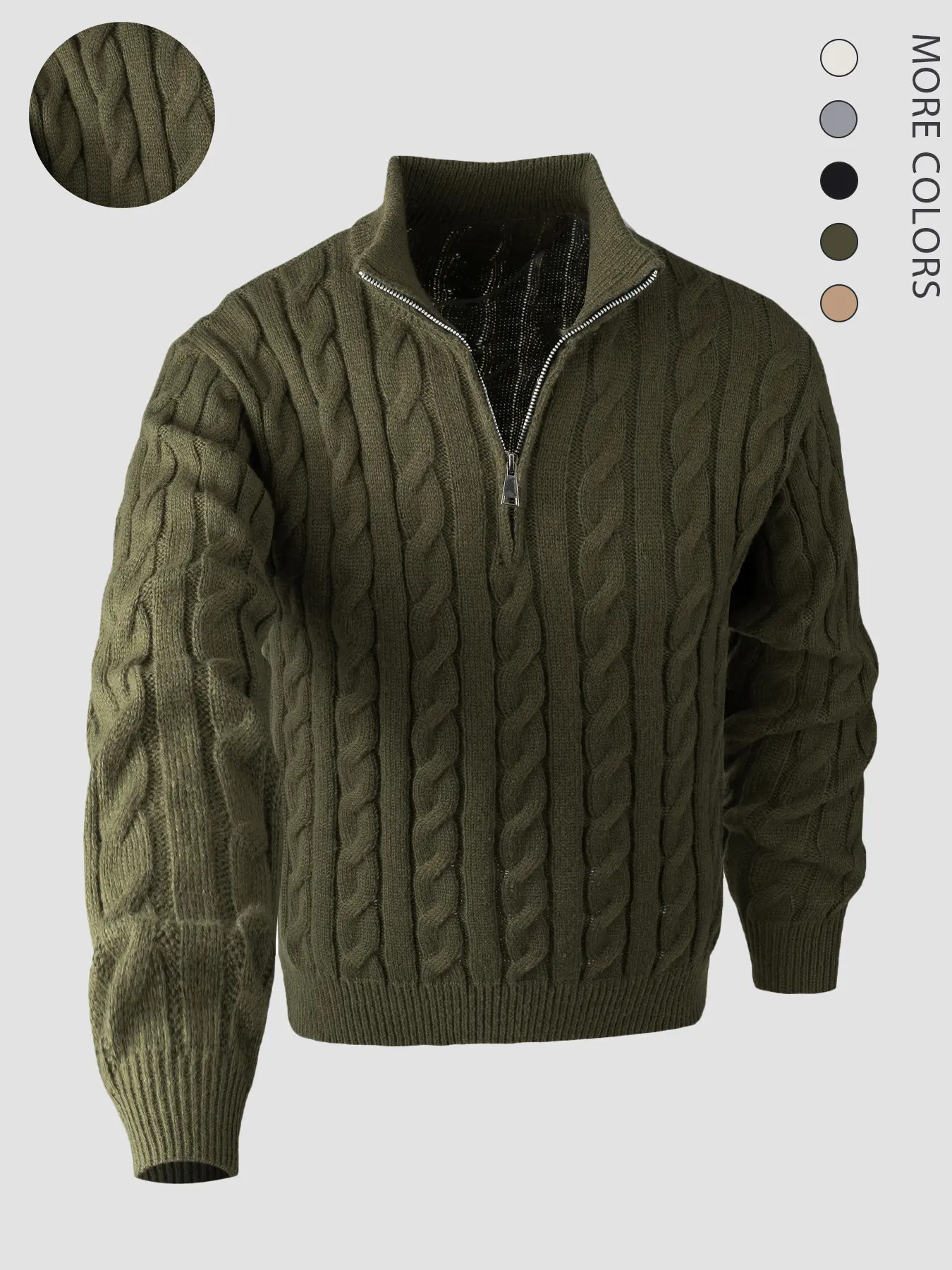 Men's Solid Zip Up Chunky Cable Knit Sweater Pullover, Regular Fit Casual Long Sleeve Stand Collar Jumper for Fall & Winter, Fashion Men's Knitwear for Daily Wear