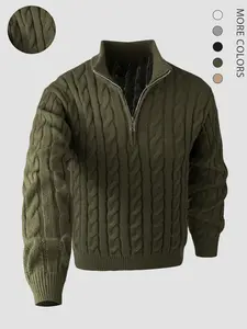 Men's Solid Zip Up Chunky Cable Knit Sweater Pullover, Regular Fit Casual Long Sleeve Stand Collar Jumper for Fall & Winter, Fashion Men's Knitwear for Daily Wear