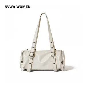 The Moto Barrel Bag - Edgy Y2K Cylinder Shoulder Purse Cream Vegan Leather with Buckle Details for Everyday Streetwear handbags
