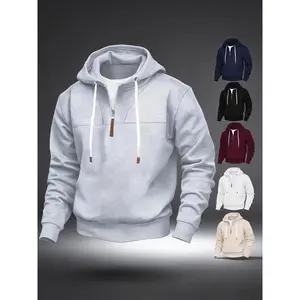 Men's Drawstring Half-Zip Hoodie Comfortable Pullover in Grey Navy Black Maroon White Beige Versatile Color Choices for Everyday Wear