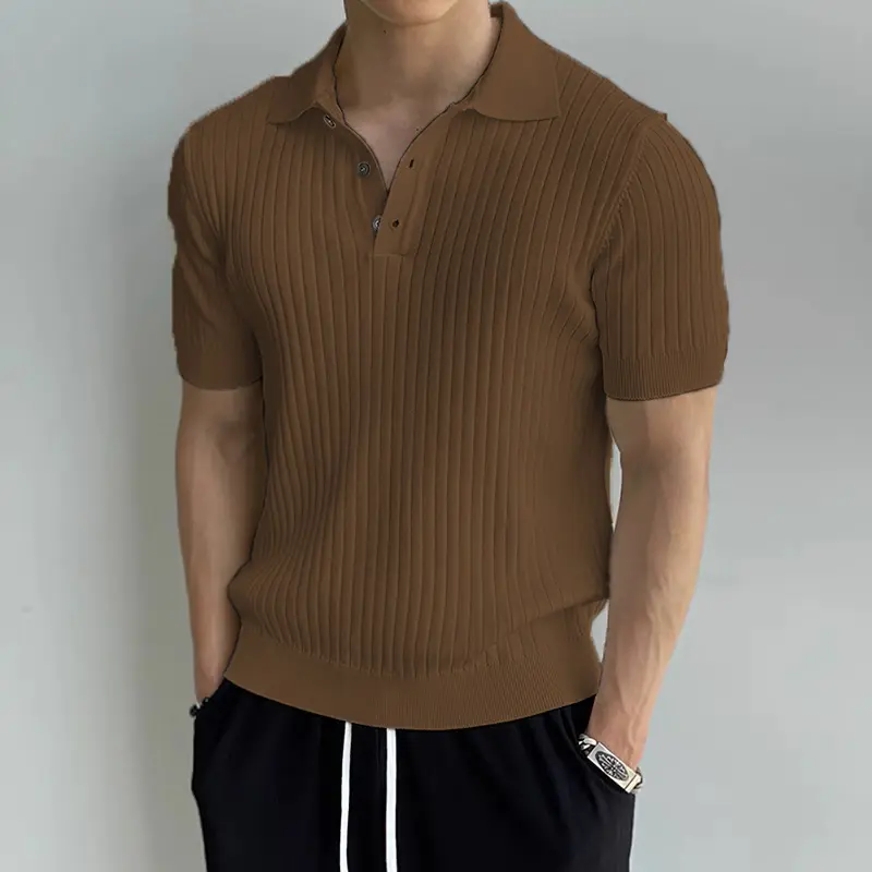 Men’s ribbed knit polo shirt — stretchy, slim fit, breathable, three-button placket, short sleeves