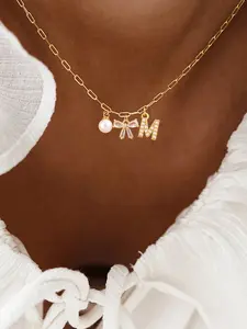 Women's Zirconia Initial Bow Simulated Pearl Pendant Necklace, Stainless Steel Chain, Casual Fashion Jewelry for All Seasons