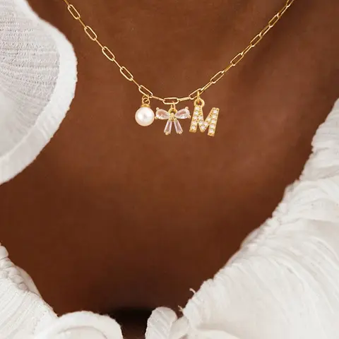 Women's Zirconia Initial Bow Simulated Pearl Pendant Necklace, Stainless Steel Chain, Casual Fashion Jewelry, Faux Pearl Jewelry for All Seasons, Letters Necklace, Initial Necklaces, Fashion Accessory Necklace