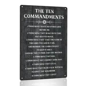 The Ten Commandments Christian Tin Sign - Vintage Black Wood Grain Metal Plaque - Biblical Scripture Wall Decor - Religious Housewarming Gift for Home and Church