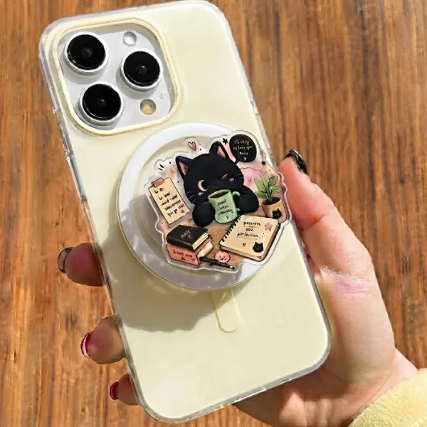 Cozy Black Cat Coffee Mug MagSafe Phone Grip, Cute Bookish Cat Reading Magnetic PopSocket, Aesthetic Coffee Lover Phone Holder, Gift for Reader, Cat Mom