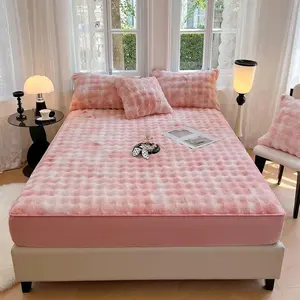 Plush Shaggy Fitted Sheet Full Size-Velvet Fitted Sheet Faux Fur Bottom Sheet with 15" Deep, Flannel Warm Tie Dyed Mattress Cover,No Pillowcases,Pink