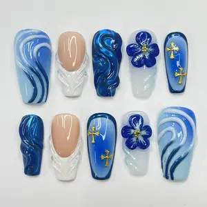 ES36 Royal Blue Press-On Nails, 3D Floral Marble Swirl Design, Gold Cross Accent, Glossy Handmade Nail Art, Elegant Gothic Luxury Press Ons
