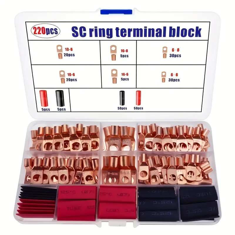 220Pcs Ring Terminal Kit – Color-Coded Battery Cable Connectors for Vehicles, Marine, Power Cabinets & Electrical Appliances