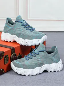 Men's Fashionable Colorblock Lace Up Low Top Sneakers, Casual Comfortable Breathable Knit Running Shoes, Male All-match Round Toe Chunky Sneakers for Daily Life