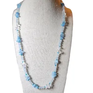 Natural Aquamarine Crystal Bead Necklace 24" Birthday Daily