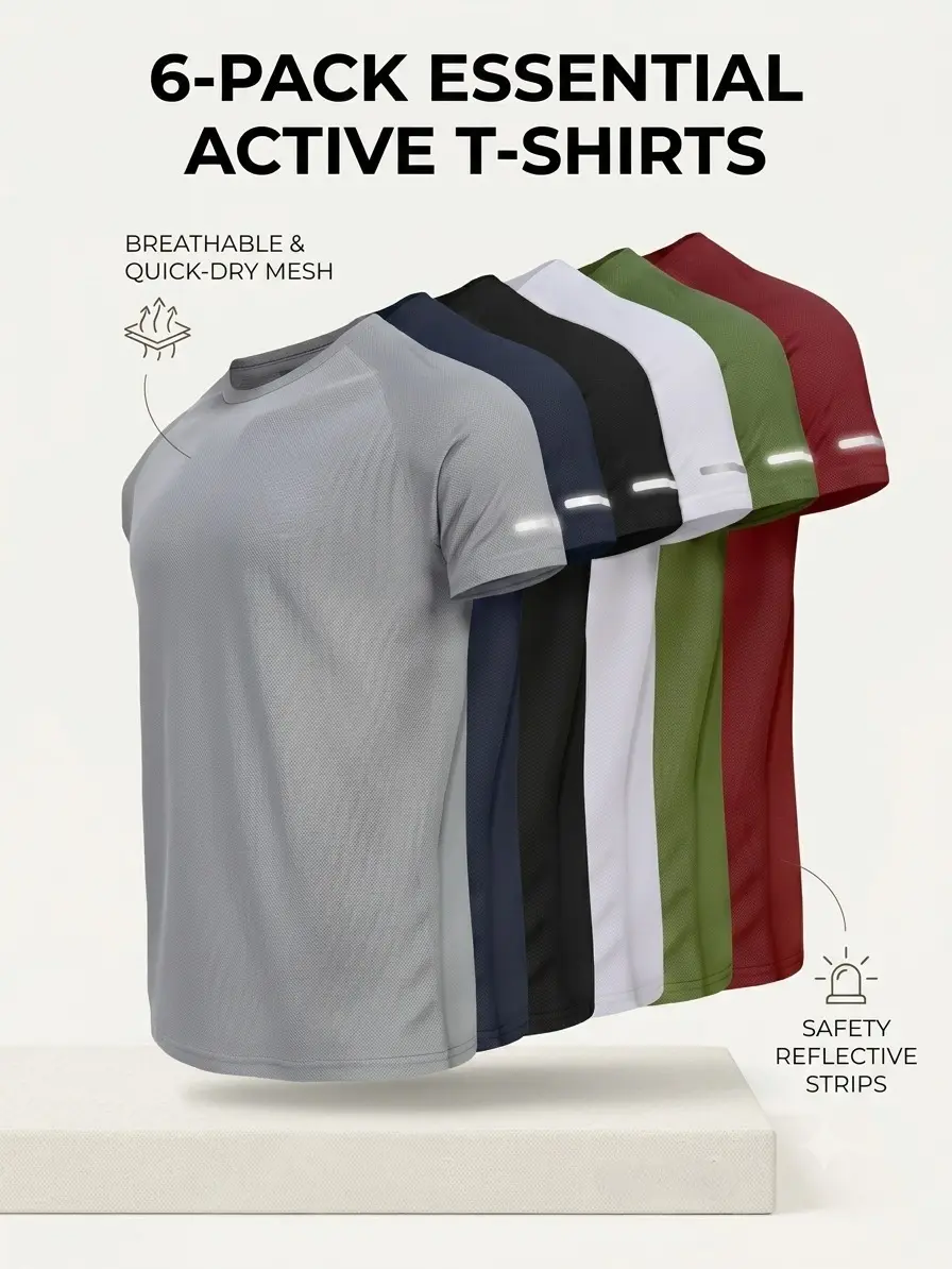 Men’s 6-Pack Crewneck Athletic T-Shirts - Quick-Dry, Moisture-Wicking, Breathable, Lightweight Fitness Running Tops for Gym, Running, Casual Wear, Crewneck Gym Tee