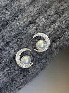 Elegant Minimalist Moon Design Copper Earrings with Zircon Stones, Stylish Jewelry for Women, Perfect for Daily Wear & Gift Occasions, Zircon Stud Earrings