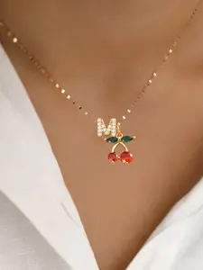 Women's Elegant Zirconia Initial Cherry Pendant Necklace, Stainless Steel Lip Chain, All-Season Jewelry