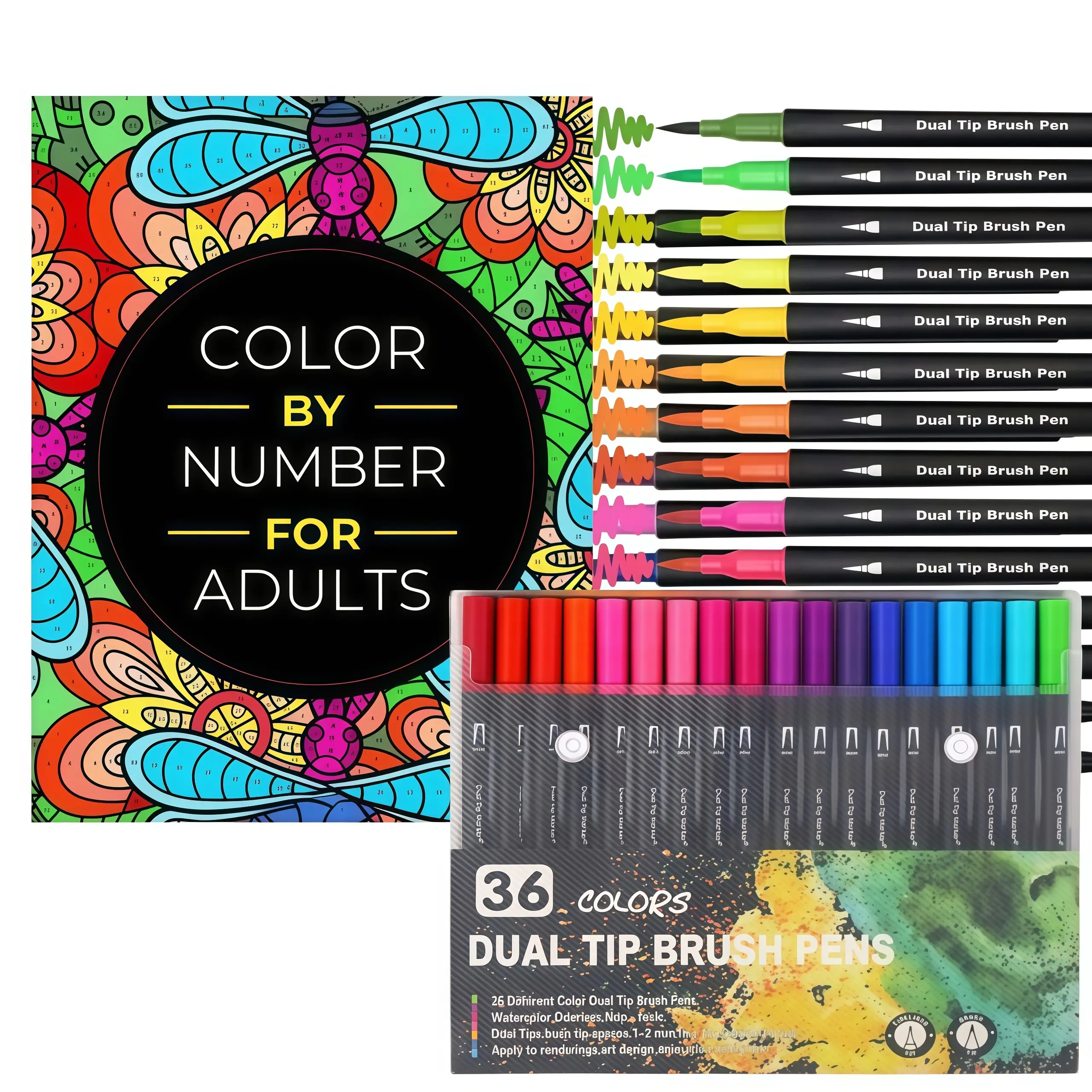 Color By Number Art Book Set with 36-Color Dual Tip Markers | 75 Beautiful Pictures for Stress Relief & Adult Relaxation | Flowers, Animals & Mandalas