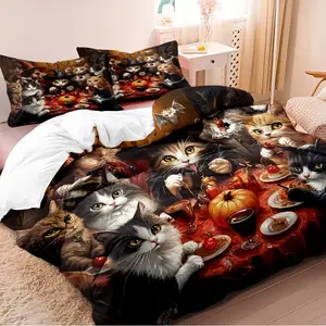 3-piece duvet cover set with a Halloween cat theme, featuring 3D digital printing technology. Suitable for bedroom and guest room bedding (includes 1 duvet cover and 2 pillowcases, duvet insert not included). Machine washable with zipper.