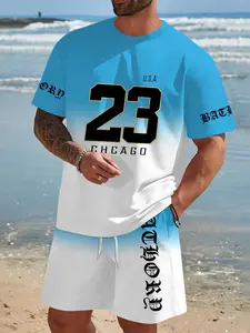 Men's Blue Gradient Print Tee & Shorts Set, Breathable Quick-Dry Casual Outdoor Wear, Urban Style Sportswear, Athletic Workout Clothing, Athletic Training Apparel, Athletic Sets, All Seasons