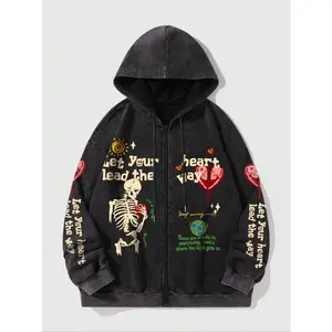 Men'sSkullPrintZipperHoodie,CasualLooseFitDesign,ComfortableFashionHoodedSweatshirtforAllSeasons