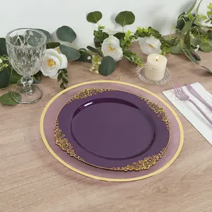 10-Pack Plastic 10" Round Dinner Plates in Purple with Gold Leaf Embossed Rim - Disposable Vintage Baroque Style Plates