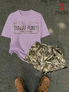 Women's Letter Tree Print Casual T-Shirt and Shorts Set, Womenswear, Outfit, Summer Fitted Two-Piece, Comfortable Daily Wear, All Seasons