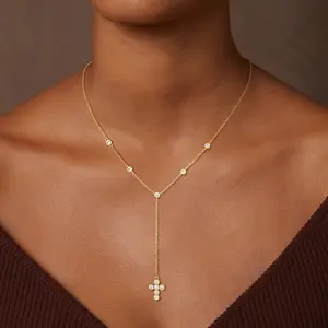 Tewiky Gold Lariat Necklace for Women - Dainty Gold Layered Y-Shaped Long Drop Zircon Cross Necklace Charm Layered Necklaces for Women Simple Jewelry Gifts