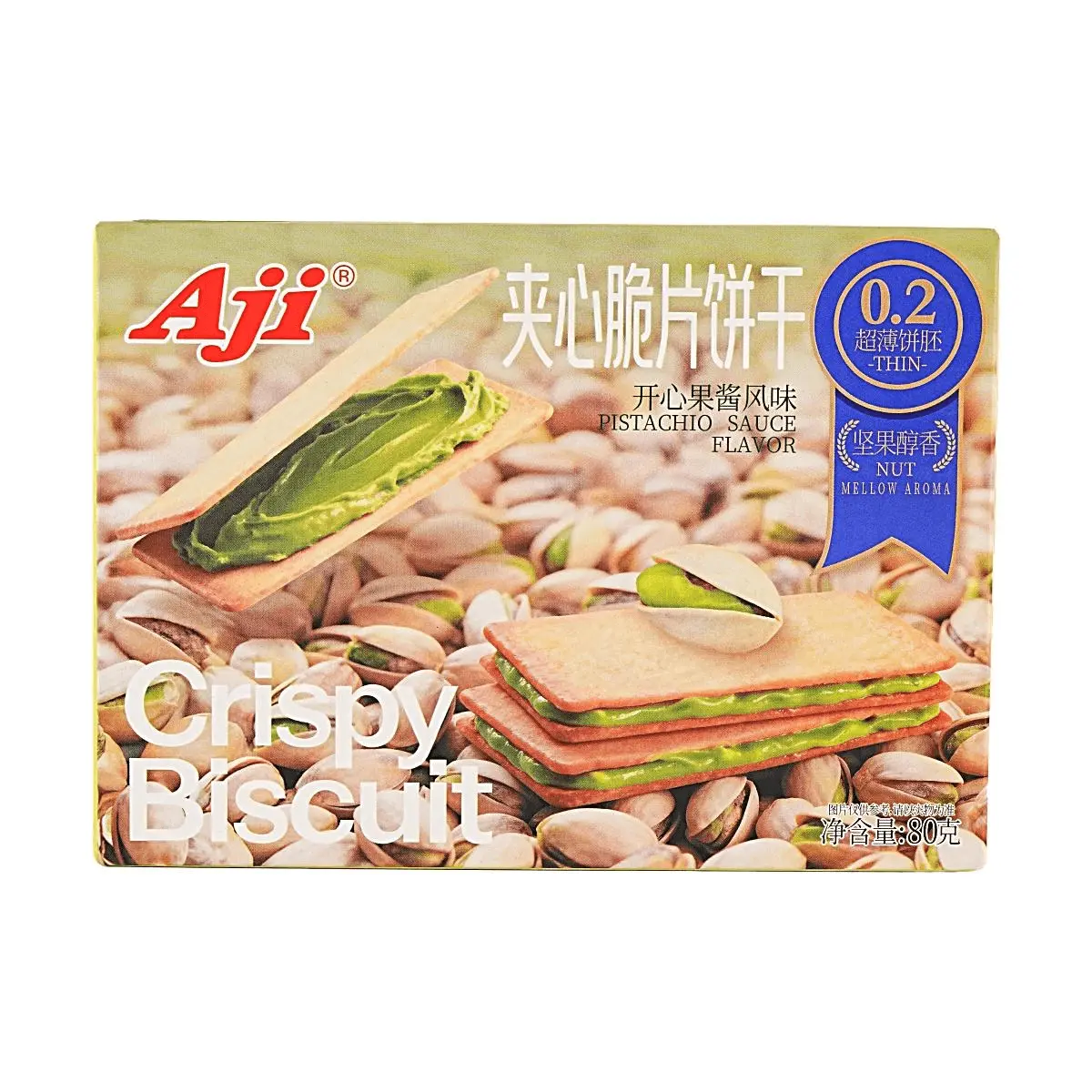 AJI Pistachio Cream Filled Crispy Wafer Biscuits 80g - Delicious Thin & Crunchy Snack