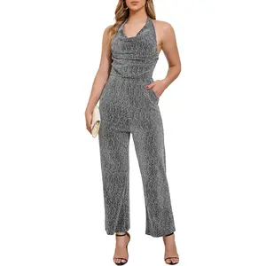 Women's Sparkly Rhinestone Jumpsuit Halter Neck Draped Ruched Backless Sleeveless Party Romper with Pockets