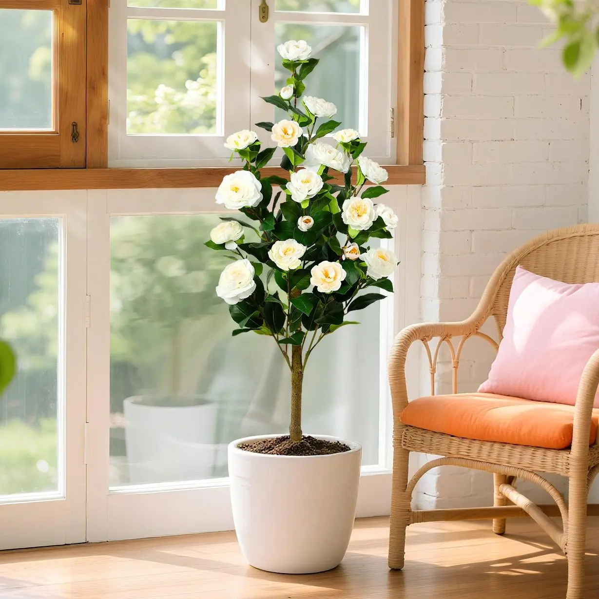 SHareconn 2-Pack 3/4FT Decorative Artificial Silk Camellia Trees (Artificial Silk Flowers), Low-Maintenance House Decor for Living Room, Kitchen, Indoor Porch, Earth Day Home Supplies