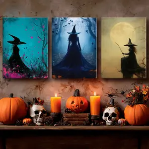 3 Counts Wooden Framed Canvas, Exquisite Witch Poster, Halloween Home Poster, Halloween Party Decorations, Living Room And Bedroom Hanging Paintings, Wood Wall Art, Horror Theme, Spooky, Interesting Posters, Exquisite Gifts, High-Definition Art