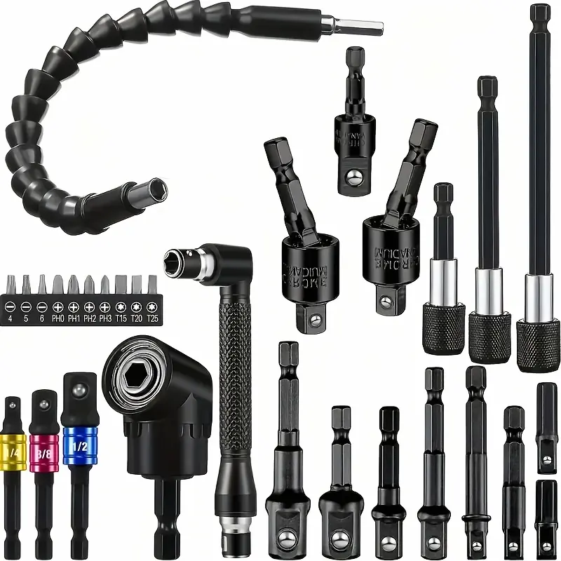 31pcs Steel Universal Tool Set with Flexible Shaft, Quick-Change Adapter, Impact Wrench Socket Adapter, Right-Angle Screwdriver Bit Holder, Magic Socket, And Extension Bar-Power Tool Accessories