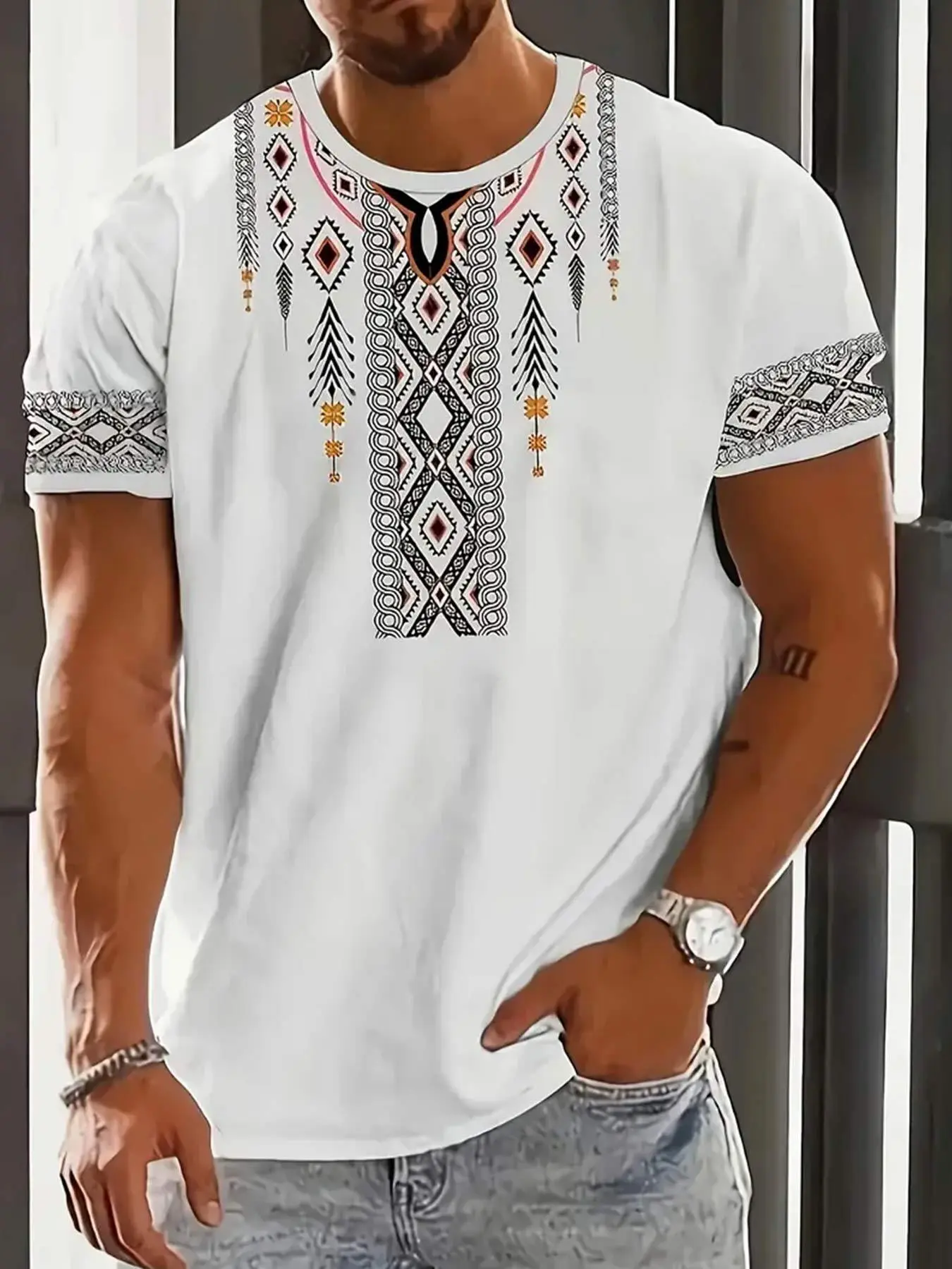 Men's Tribal Print Short-Sleeve T-Shirt - Stylish Round Neck Tee with Geometric Mosaic Design, Perfect for Casual Outings, Casual Streetwear Looks and Summer Wear, Outdoor Clothing, Casual Style Tee | Machine Washable Top