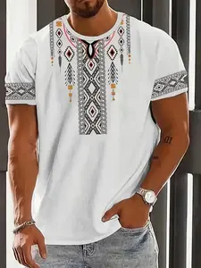 Men's Tribal Print Short-Sleeve T-Shirt - Stylish Round Neck Tee with Geometric Mosaic Design, Perfect for Casual Outings, Casual Streetwear Looks and Summer Wear, Outdoor Clothing | Machine Washable Top