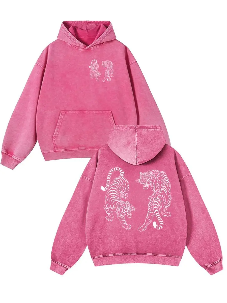 Holafish Oversized Acid Wash Hoodie Tiger Print Double-sided Printing Minimalist Hoodie Vintage 2026 Unisex Sweatshirt Oversized Loose Fit Winter Warm Streetwear Casual Tunic Graphic