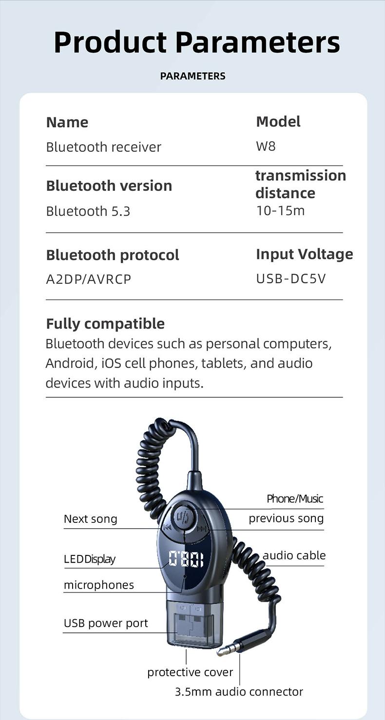 Aux to Bluetooth 5.3 Adapter,USB-3.5mm Aux Audio Adapter Receiver with Built-in Mic for Hands-Free Calls,Plug and Play Bluetooth Receiver,Compatible with Car Speaker and Home Audio