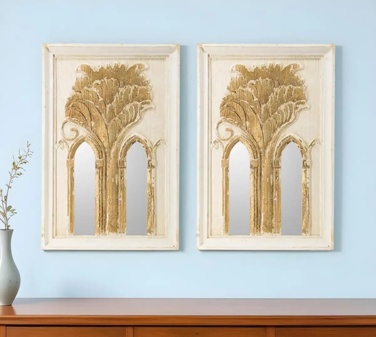 Set of 2 30-in White & Gold Painted Wood-Framed Vintage Antique Rectangle Glass Wall Mirrors with 360 Stand, Traditional Floral-Inspired Artistic Mountable Decor, Easy Installation for Home Room Decoration