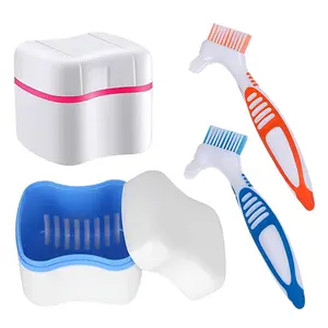 Denture Cleaner Box and Brush Set - 2 Pack Denture Bath Case with Basket + 2 Pack Denture Brush, Portable Denture Retainer Storage Box, False Teeth Brushes for Oral Care (Blue and Red)