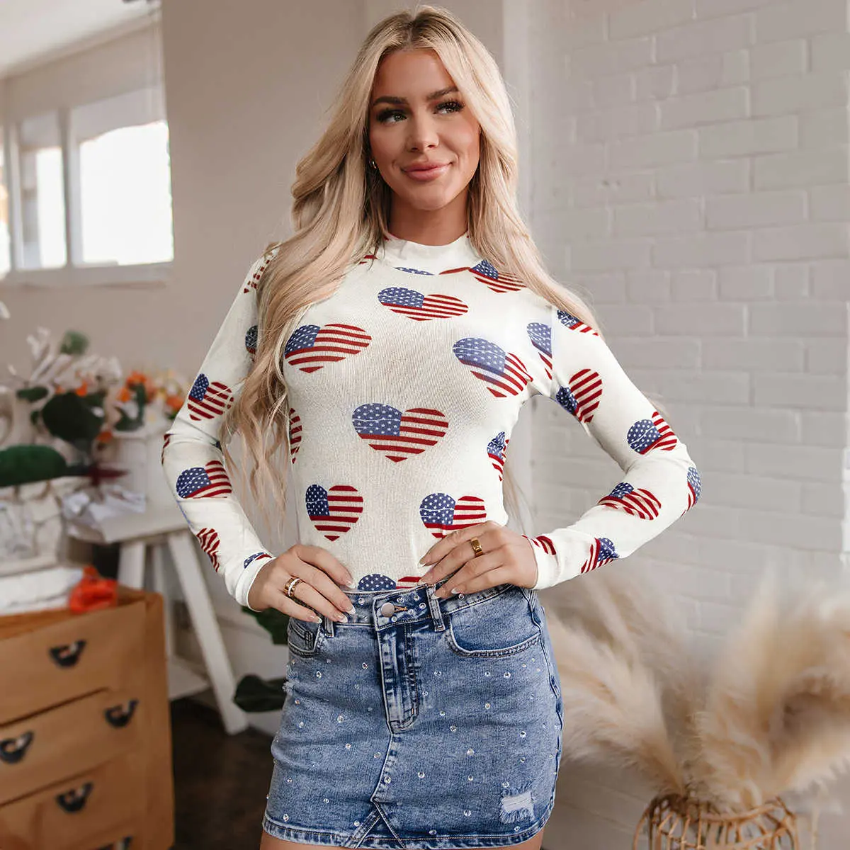 White Americana Glitter Mesh Long Sleeve Bodysuit