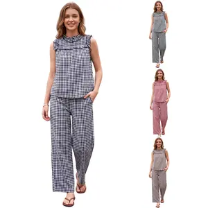 Yeokou Women's 2-Piece Gingham Plaid Outfit - Lightweight, Drapey, Breathable, Comfortable Fabric Sleeveless Ruffle Top & Wide Leg Pants for Summer Casual Beach Vacation