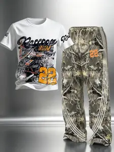 Men's 2-Piece Set Vintage Racing Number Pattern Short Sleeve T-Shirt and Camouflage Drawstring Pants, Retro Streetwear, Casual Hip-Hop Urban#Number22GraphicSet #CamoStreetwearSet #MotorsportsInspiredFashion #TikTokFashion