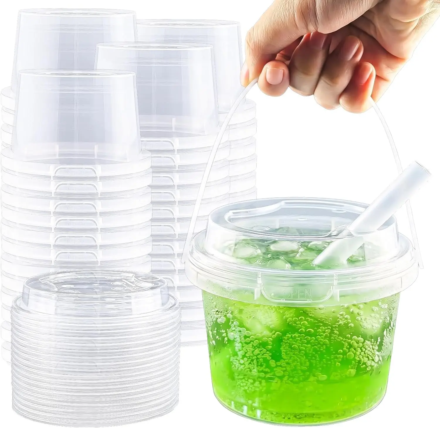 20/60 Set 16 oz Mini Drink Bucket with Lids and Straws, Clear Plastic Cups with Lids and Straws, Disposable Drinking Cups for Cold Drinks, Iced Coffee/Milkshakes/Smoothies, Sturdy & Food Safe