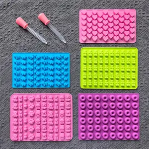 Silicone Candy Mold Set, DIY Bear/dinosaur/lion/circle/Heart Shaped Chocolate Cookie Jelly Molds, 5Pcs Sugarcraft Molds with 2Pcs Droppers, Baking Tools, Reusable Mold