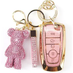 Cute Key Fob Cover with Rhinestone Bear Charm, TPU Smart Key Case for Women, Compatible with Ford Fusion Mustang Ranger Explorer Expedition Lincoln Aviator Corsair (5-Button, Gold Pink)