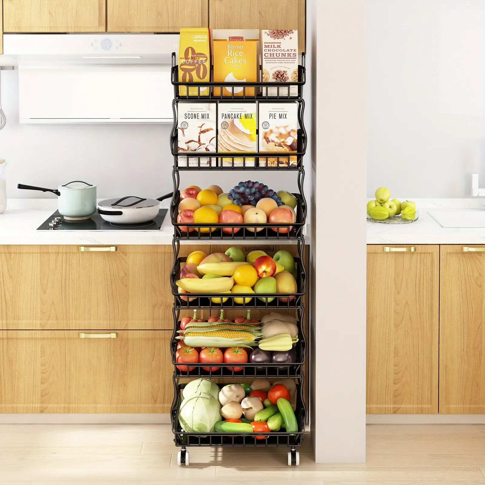 6-Tier Stackable Metal Wire Storage Basket Organizer with Wheels, Space Saving Kitchen Pantry Storage Cart for Fruits, Vegetables, Utensils
