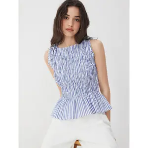 Cider Cotton-blend Striped Boat Neck Drawstring Ruched Peplum Top SwimWeek