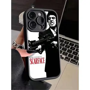 1pc Black English Scar Face Graphic Full Coverage TPU Shockproof Phone Case Compatible With IPhone 16 15 14 13 12 11 Pro Max, Fit For Series