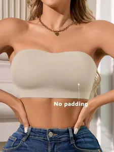 Women's Strapless Backless Tube Top Bra Medium Stretch Casual Comfy Camel Plain Fabric Bralette